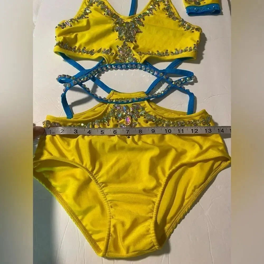 Custom Solo Dance Costume Yellow Blue Rhinestone Jazz Costume MA-Medium adult